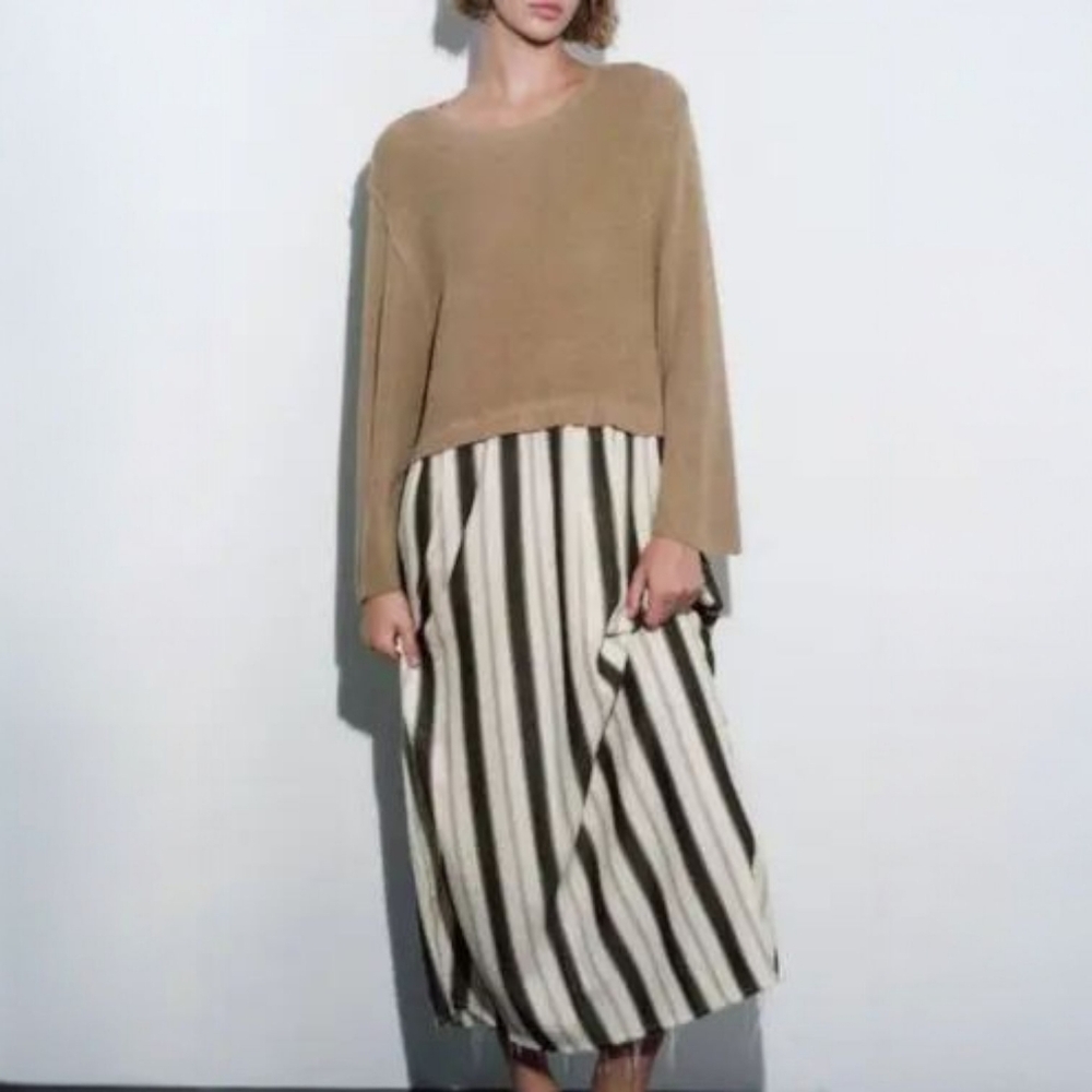 Zara Striped Combination Knit Sweater Dress Midi Raw Hem Women’s XS Boho